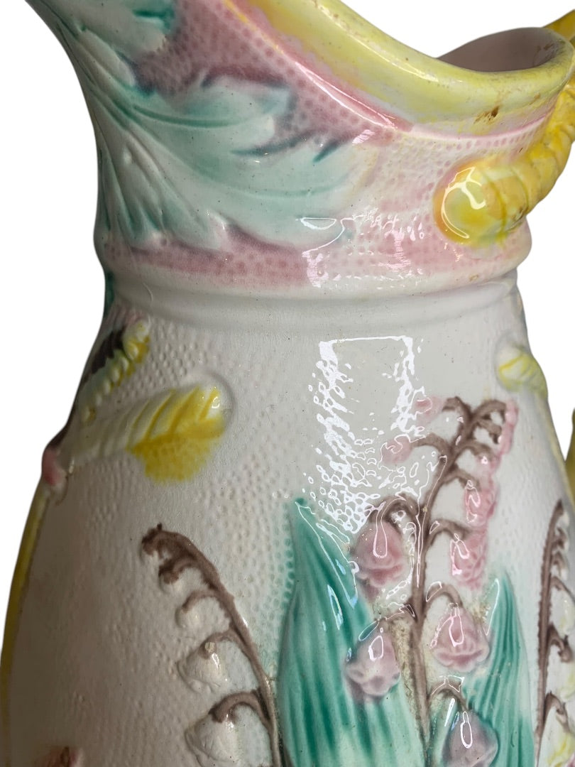 Antique Majolica Pitcher Pastel Butterfly Floral Fern 10.5 Inches