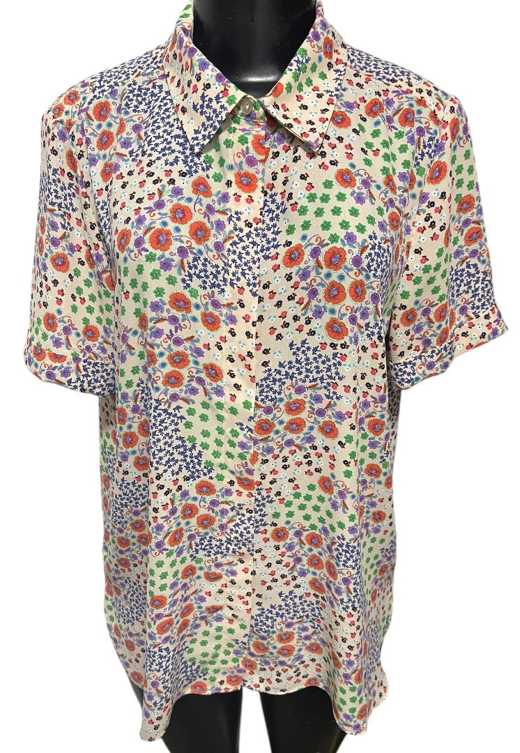 Large Rachel Zoe Womens Short Sleeve Button Up Shirt Blouse Floral