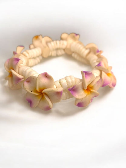 Plumeria Fimo Stretch Bracelet White Double Strand