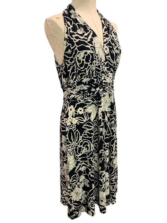 Size 12 Jones Wear Dress Black Ivory Print Pullover Stretch A-Line Midi