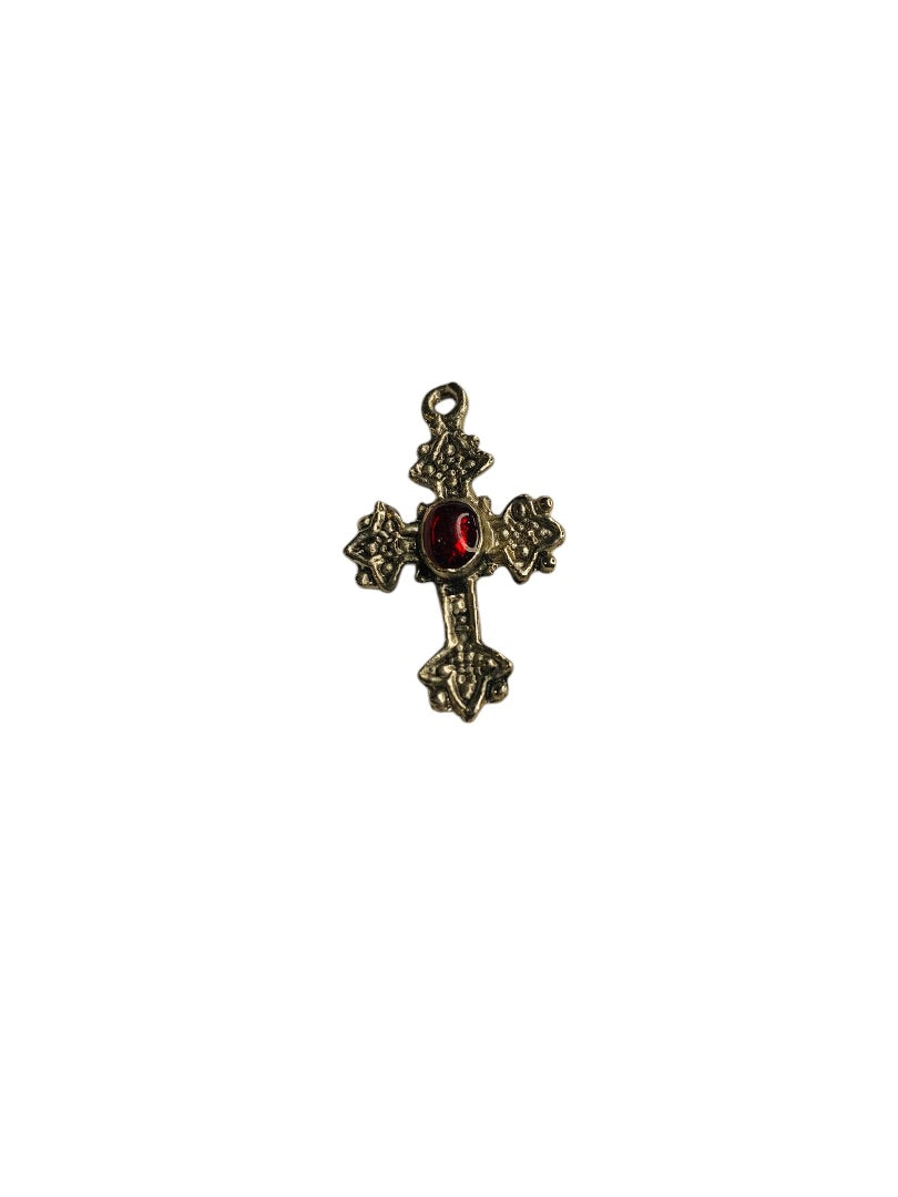 Silvertone Cross Pendant Charm Red Acrylic Inset 1.1 Inch Drop