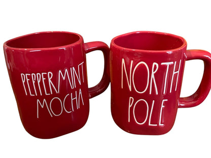 Rae Dunn By Magenta Set of 2 Christmas Red 24 oz Mugs North Pole Peppermint Mocha