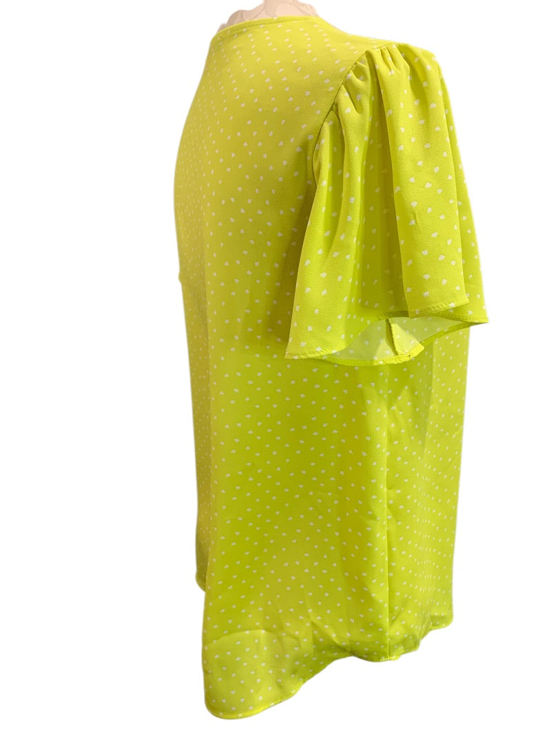 XS Vince Camuto Womens Pullover Chartreuse Dot Shirt Blouse Short Sleeve