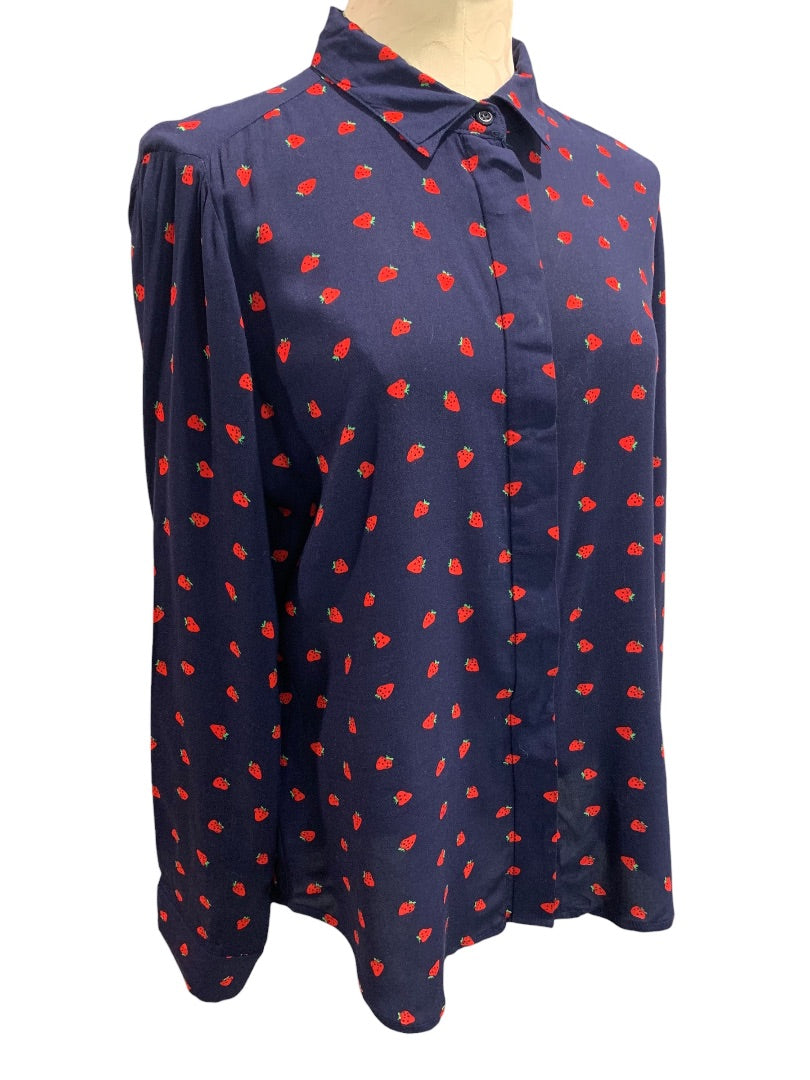 Medium Per Se Womens Button Up Shirt Strawberry Print Blouse Rayon