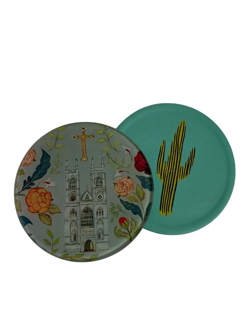 Set of 2 Drink Coasters 4 Inch Church Roses Cactus
