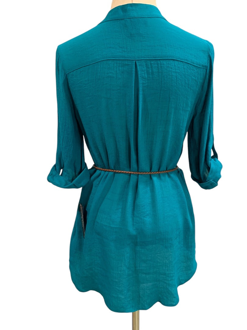 Medium A.Byer Womens New Teal Tunic Blouse Shirt Belted