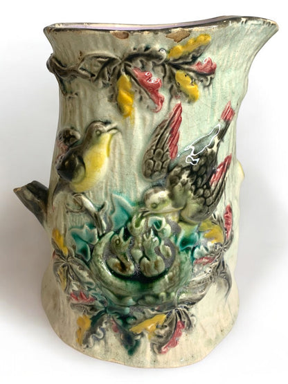 Antique Majolica Pottery Pitcher Bird Family Nest 7 Inch