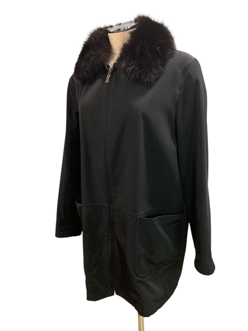 Large Fleet Street Womens Black Zip Up Jacket Fox Fur Removable Collar Water Resistant