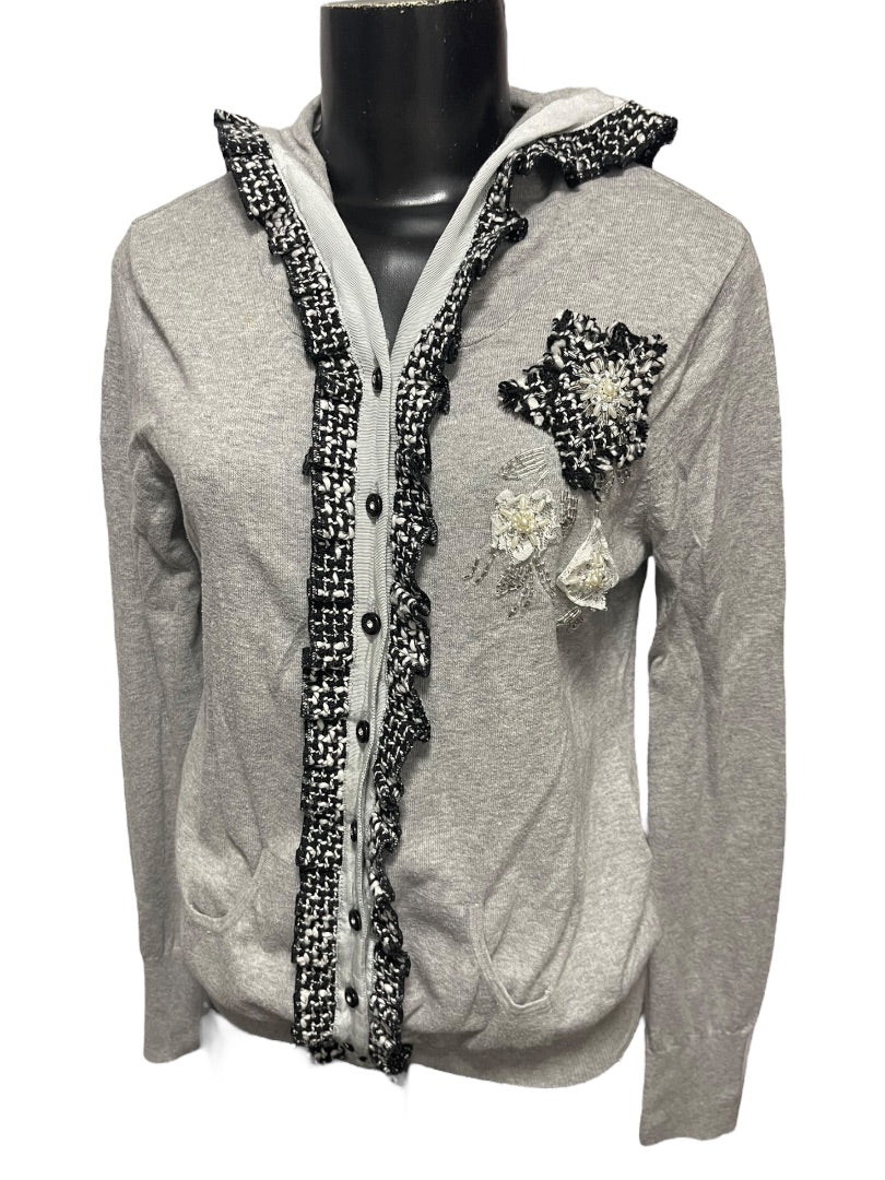 Large Charlotte Womens Gray Cardigan Sweater Hooded Cotton Rosettes