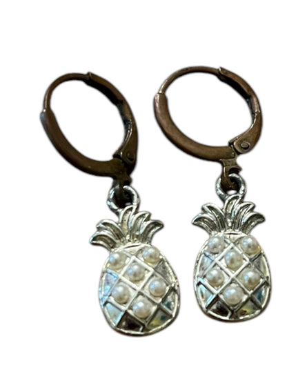 Pineapple Silvertone Copper Hook Faux Pearl 1.25" Pierced Earrings