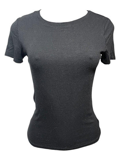Medium Hashtag In Trend Short Sleeve Ribbed Womens Top Black