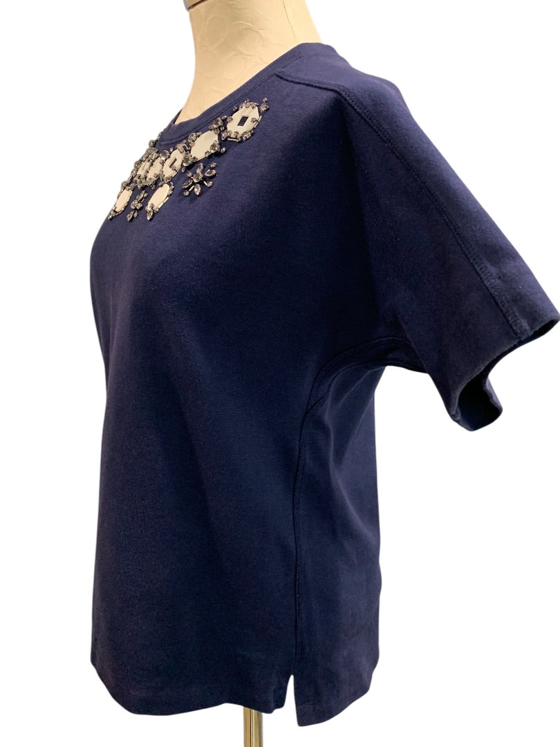 Small J.Crew Womens Navy Blue Ponte Knit Embellished Neckline Shirt