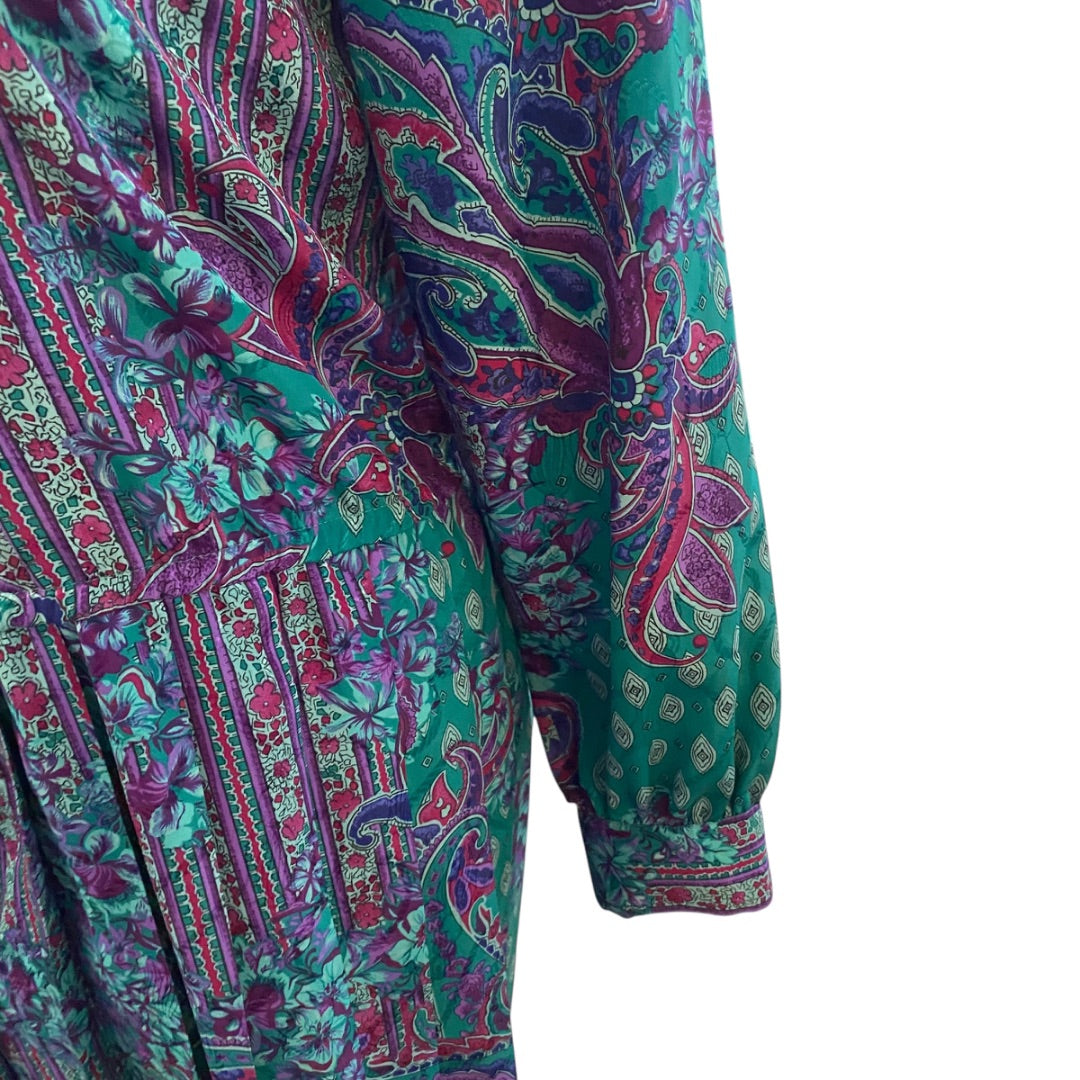 Size 14 Schrader Womens 1980s Polyester Dress Shoulder Pads Pleated Green Purple