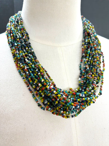 Multistrand Statement Seed Bead Necklace Twish Button Closure 23 Inch