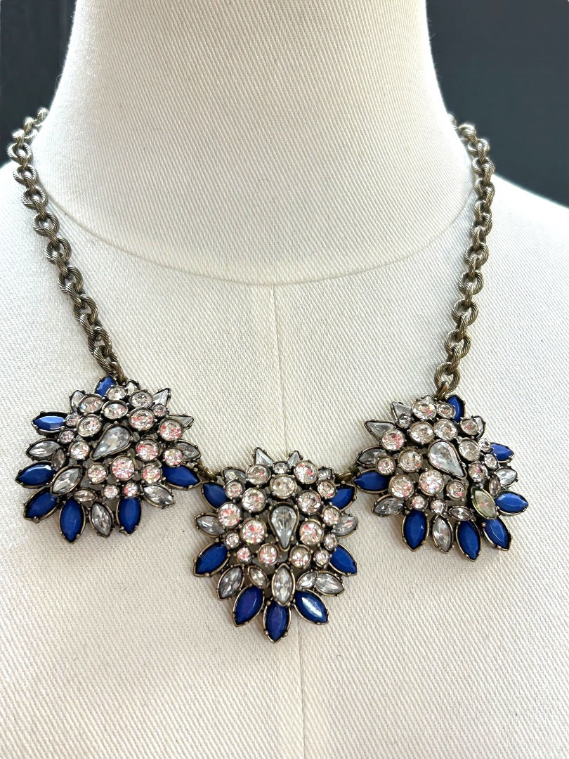 LOFT Chunky Statement Necklace Antiqued Goldtone Blue 20.5 Inch