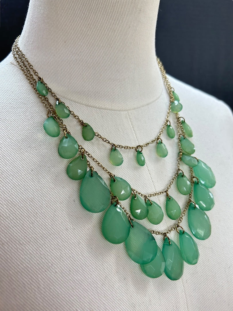 Goldtone Green Statement Tiered Necklace Acrylic Faceted 18-20 Inch
