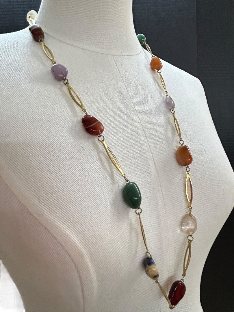 Goldtone and Assorted Stone Necklace 32 Inch Overhead No Clasp