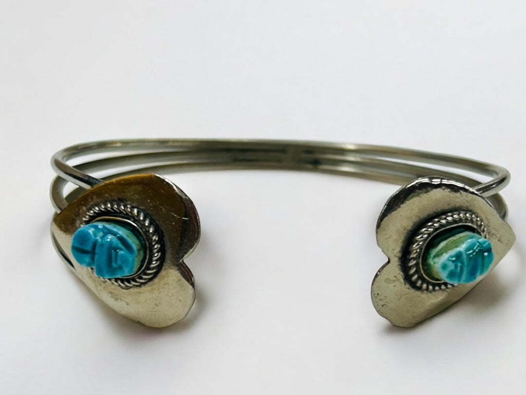 Silvertone Open Bangle Bracelet 2 Hearts Polymer Clay Faux Turquoise