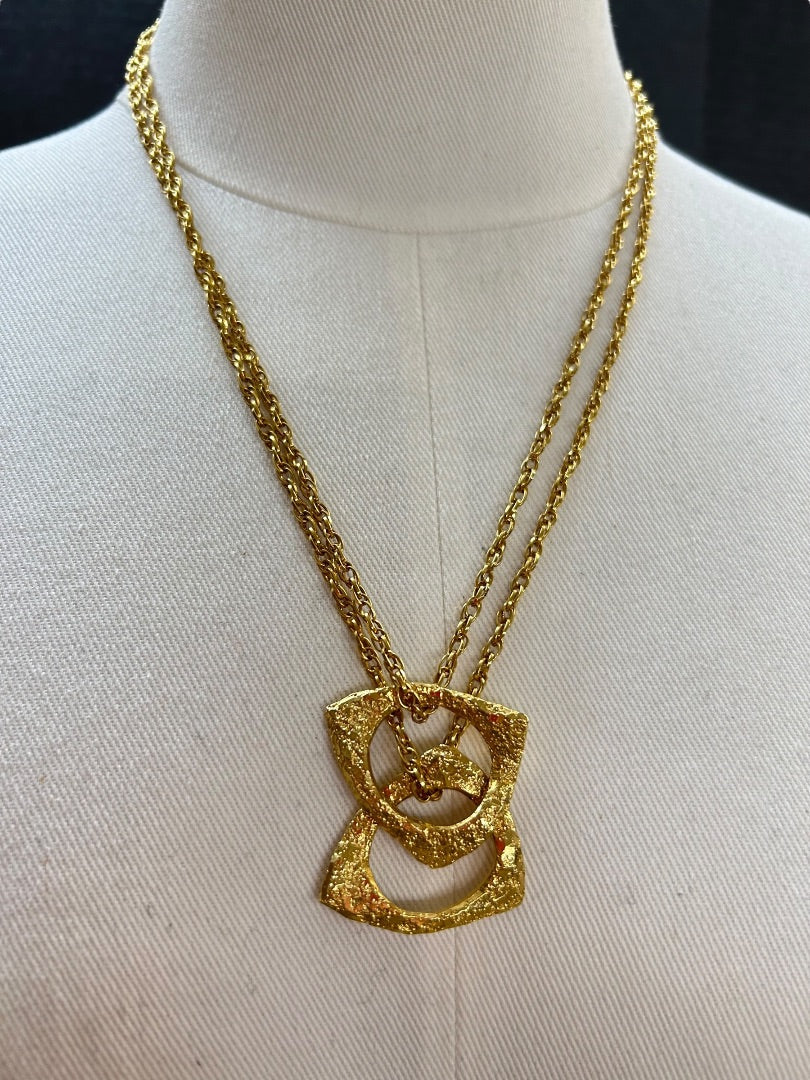 Goldtone Statement Necklace Double Strand 21 Inch Oversize Pendants