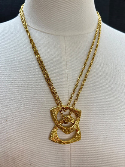 Goldtone Statement Necklace Double Strand 21 Inch Oversize Pendants