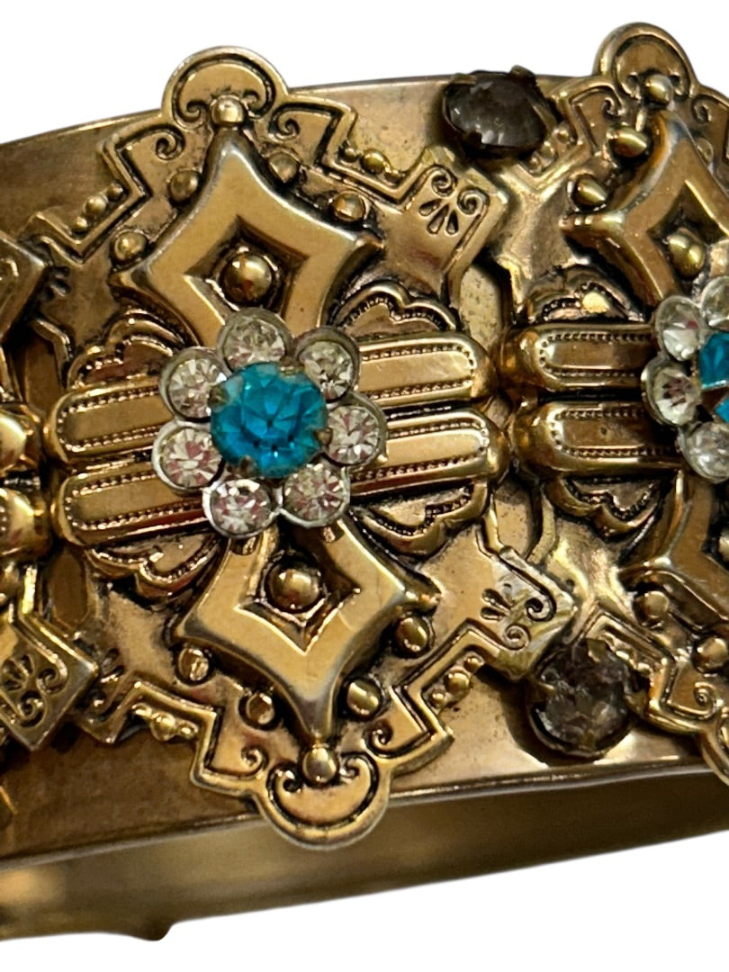 Vintage Cuff Bangle Bracelet Hinged Aquamarine Ornate