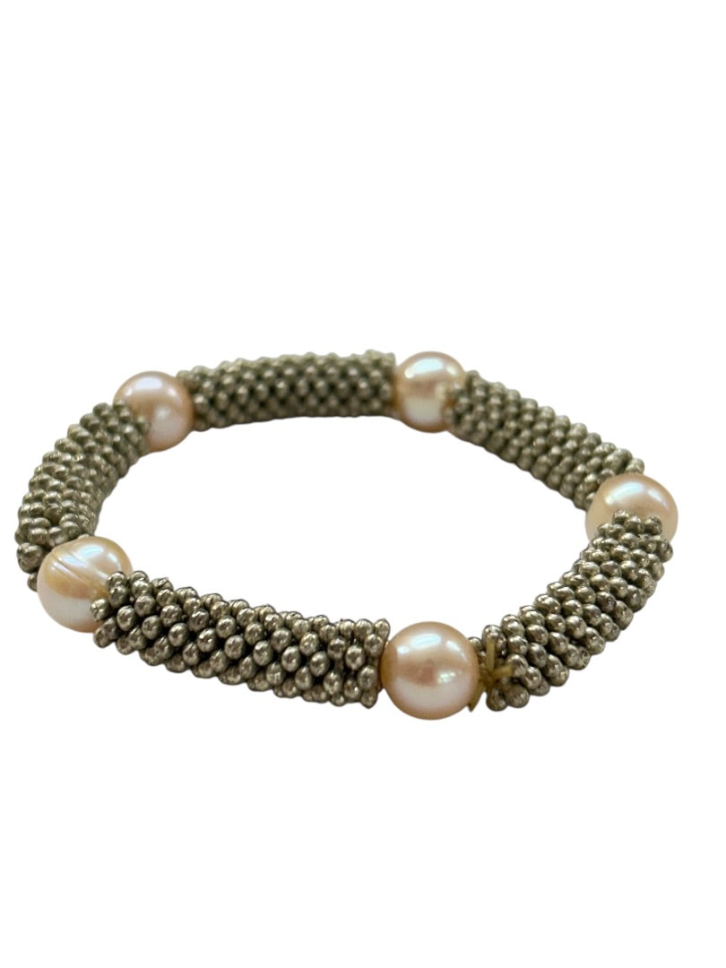 Stretch Bracelet Silvertone Faux Pearl Beaded