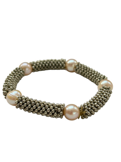 Stretch Bracelet Silvertone Faux Pearl Beaded