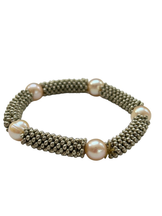 Stretch Bracelet Silvertone Faux Pearl Beaded