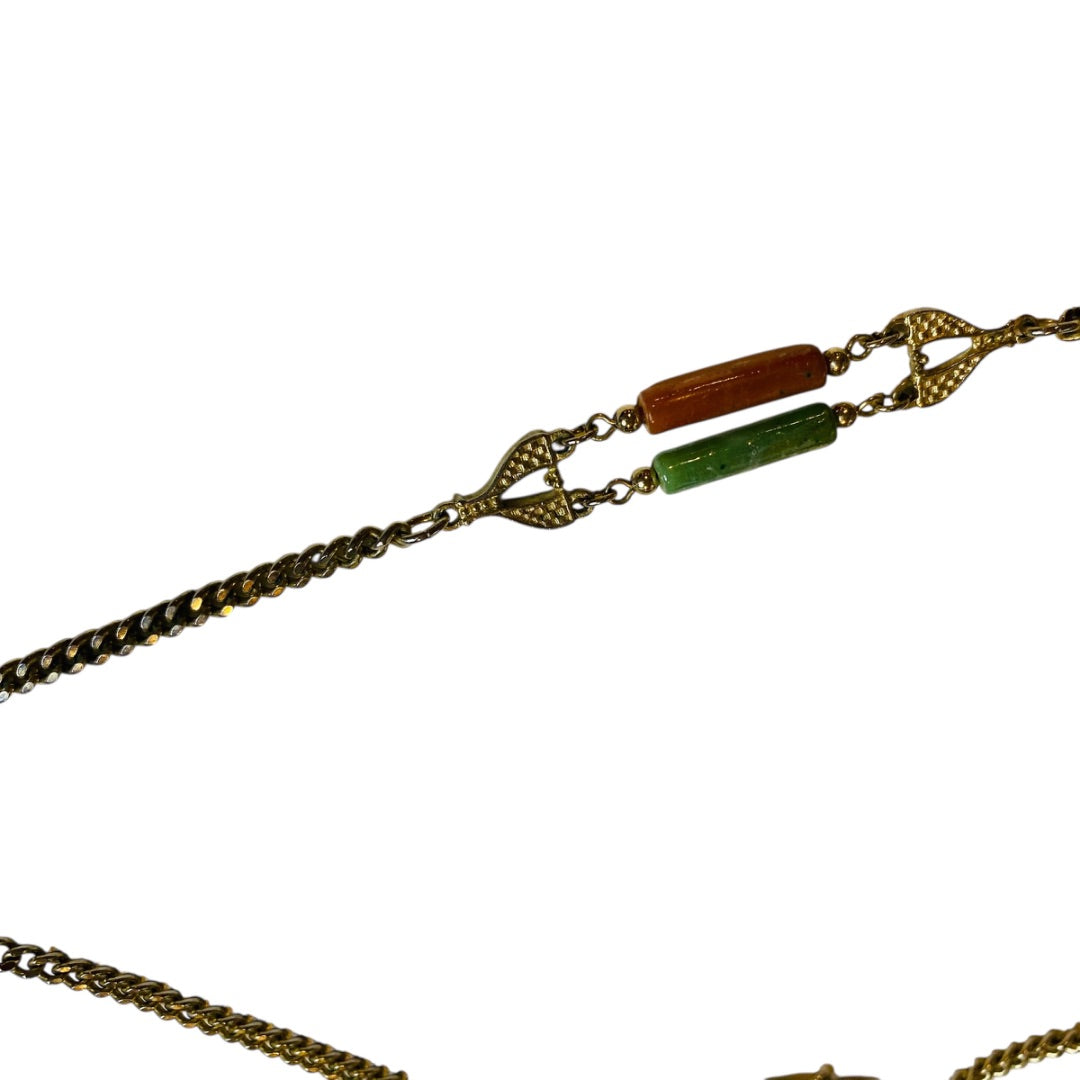 Vintage Emmons Long Tassel Necklace Goldtone Green Orange Acrylic Beads 36 Inch