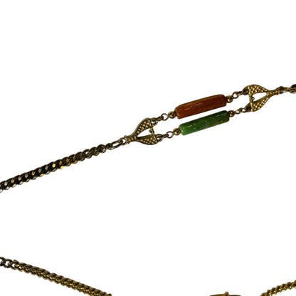 Vintage Emmons Long Tassel Necklace Goldtone Green Orange Acrylic Beads 36 Inch