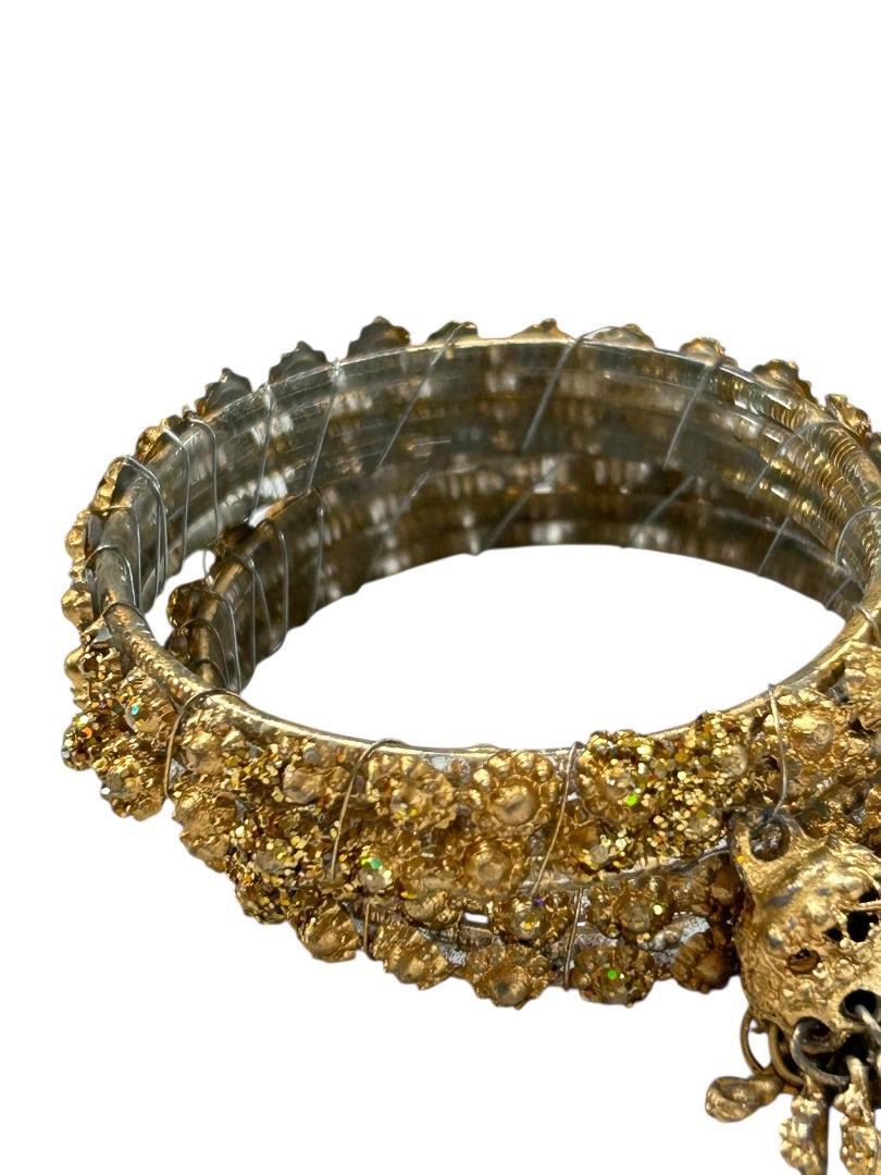 Small Goldtone Bangle Bracelets Set of 2 Glittery Tassels 2.25" Inside Diameter