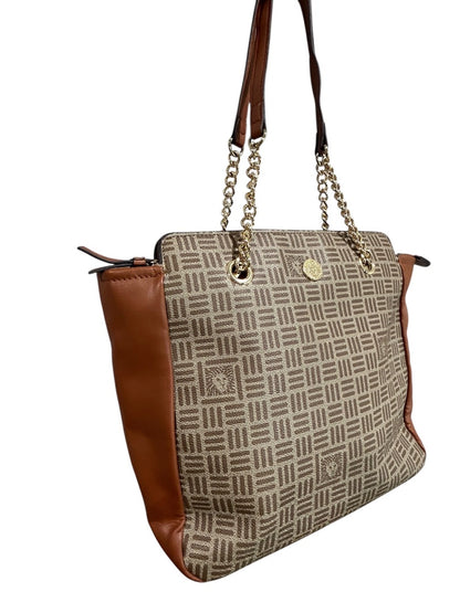 Anne Klein Tote Bag Brown Tan Monogram Chain Strap Purse Zip Pocket Logo