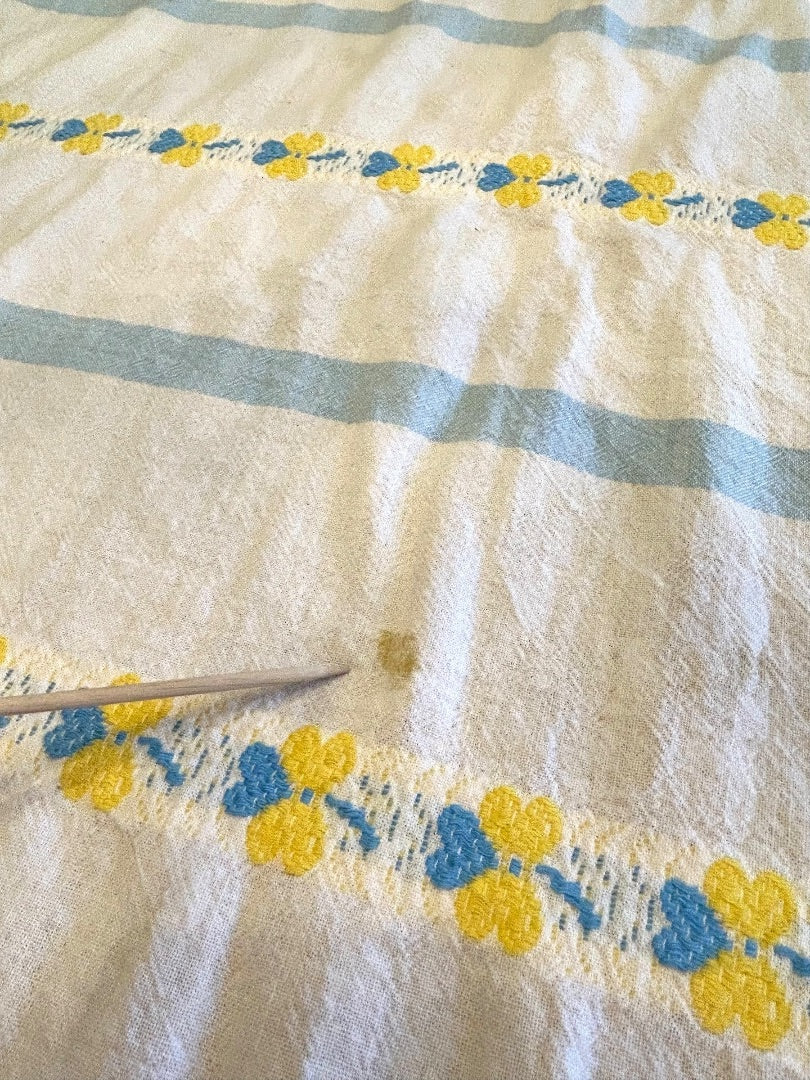 Vintage Tablecloth Linen Blue Yellow Embroidered 48 x 66 Inch Table Linen
