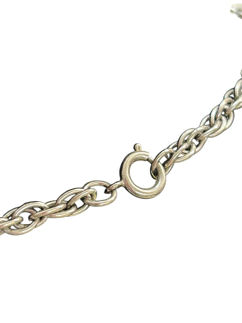 Vintage Silvertone and Cream Bead Necklace 19 Inch Spring Clasp Tassel