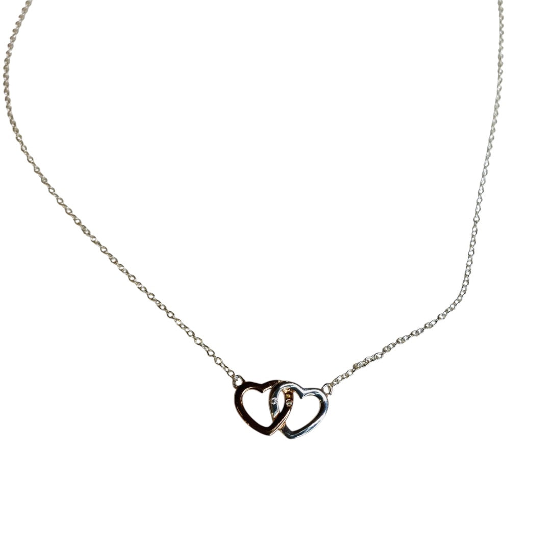 Silvertone Delicate Chain Necklace 18" Interlocking Hearts Copper Color