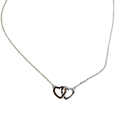 Silvertone Delicate Chain Necklace 18" Interlocking Hearts Copper Color