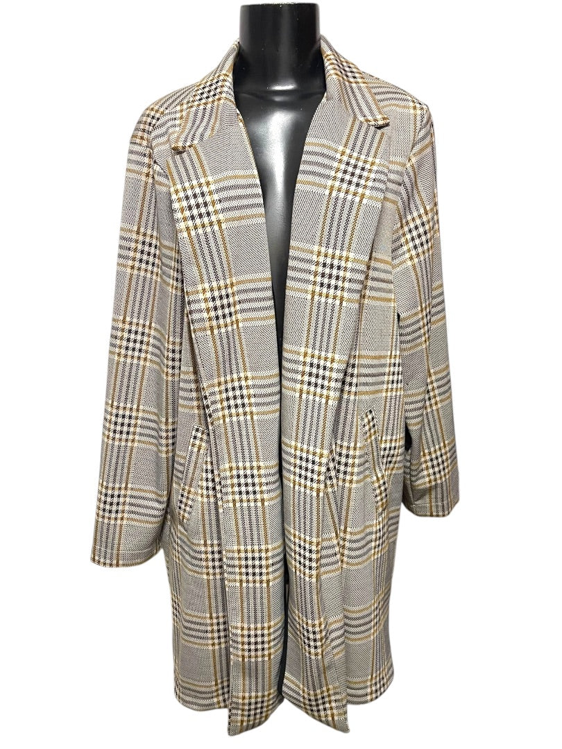 1X Melloday Collared Long Plaid Open Jacket Pockets Womens Retro
