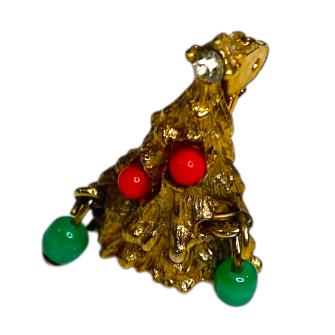 Goldtone Vintage Christmas Tree Brooch Pin Small .75 Inch Ornaments Dimensional