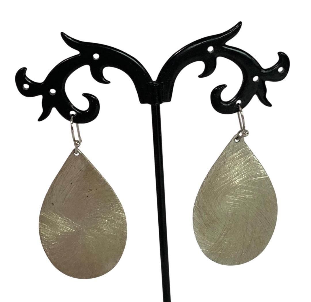 Brushed Silvertone Statement Earrings Fishhook Pierced 1.9 Inch Drop Dangle