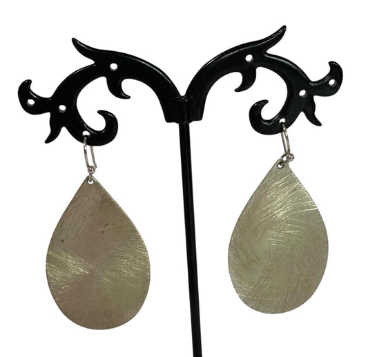 Brushed Silvertone Statement Earrings Fishhook Pierced 1.9 Inch Drop Dangle