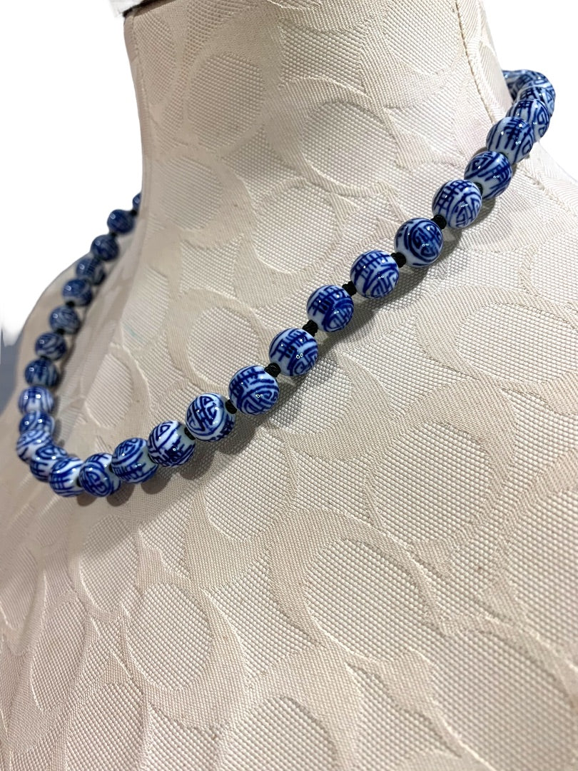Vintage Asian Ceramic Beaded Hand Knotted Necklace 21 Inch Fish Hook Clasp