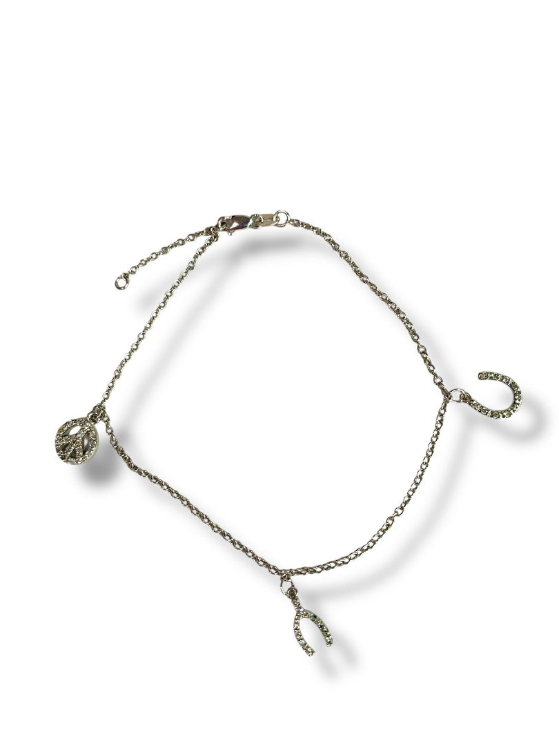 Silvertone Anklet Charms Peace Wishbone Horseshoe 10 Inch