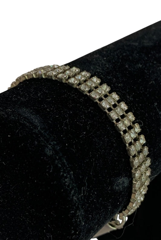 Vintage 3 Row Rhinestone Bracelet 7 Inch Box Clasp Tennis
