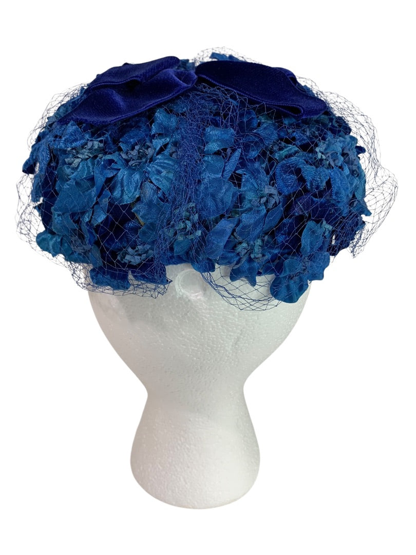 Blue Floral Veil Hat 1950s Net Fascinator Pillbox Style Miss Sally Box John Wanamaker