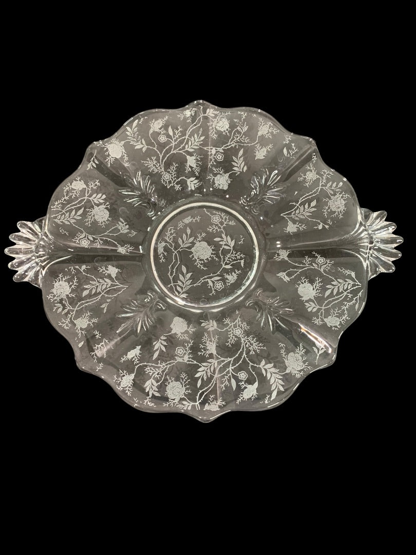 Fostoria Chintz Vintage Etched Glass Handled Cake Plate 10.25 Inch
