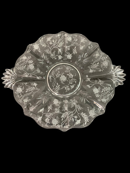 Fostoria Chintz Vintage Etched Glass Handled Cake Plate 10.25 Inch