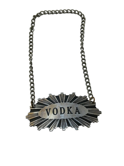 Silvertone Vodka Label Tag on Chain Starburst Design 2 Inch