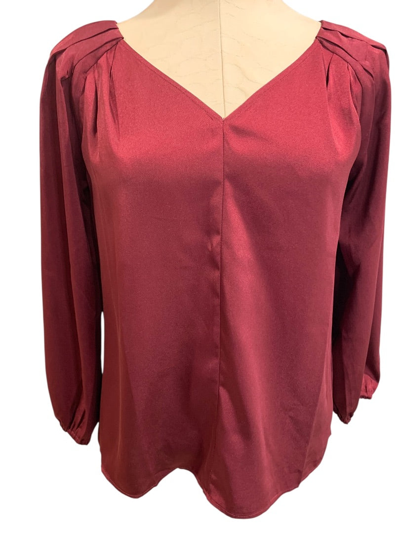 XS Loft Womens Burgundy Pullover Blouse Satiny Top V-Neck Long Sleeve