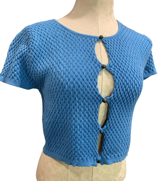 Large Kendall & Kylie Junior Womens Blue Textured Short Sleeve Cardigan Sweater