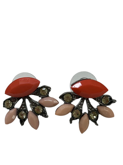 Retro Post Pierced Earrings Coral Pink Pewter Colors .75 Inch